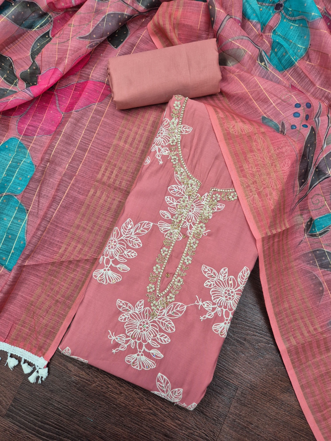 Pink Floral Handwork Cotton Silk Straight Suit