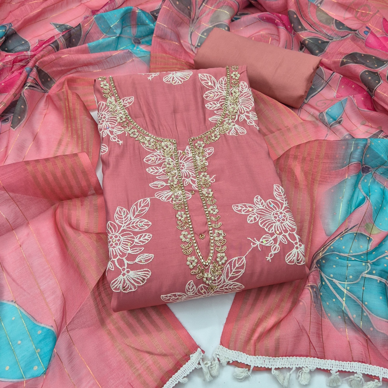 Pink Floral Handwork Cotton Silk Straight Suit