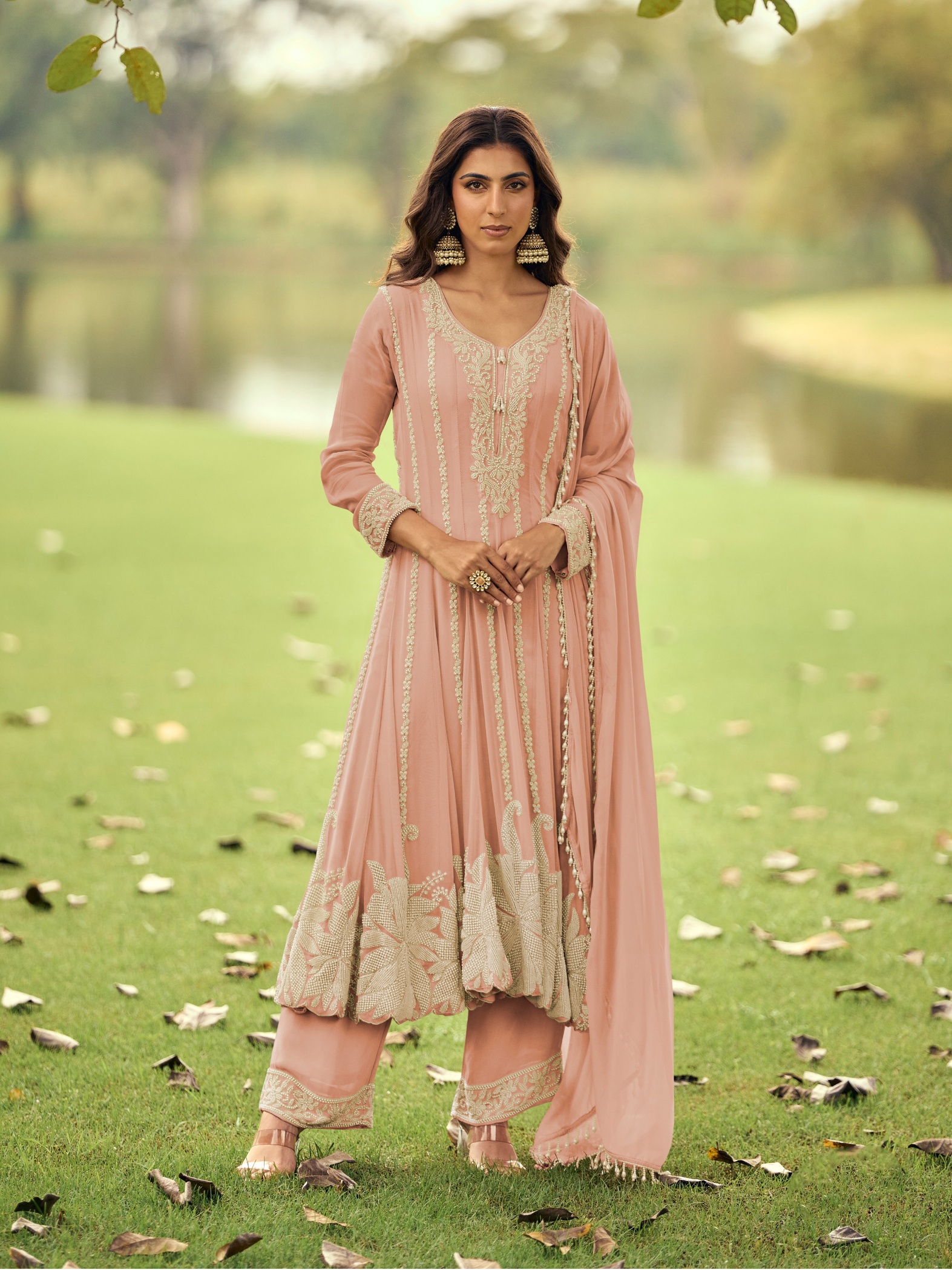 Pink Floral Heavy Designer Beads Georgette Anarkali Suit
