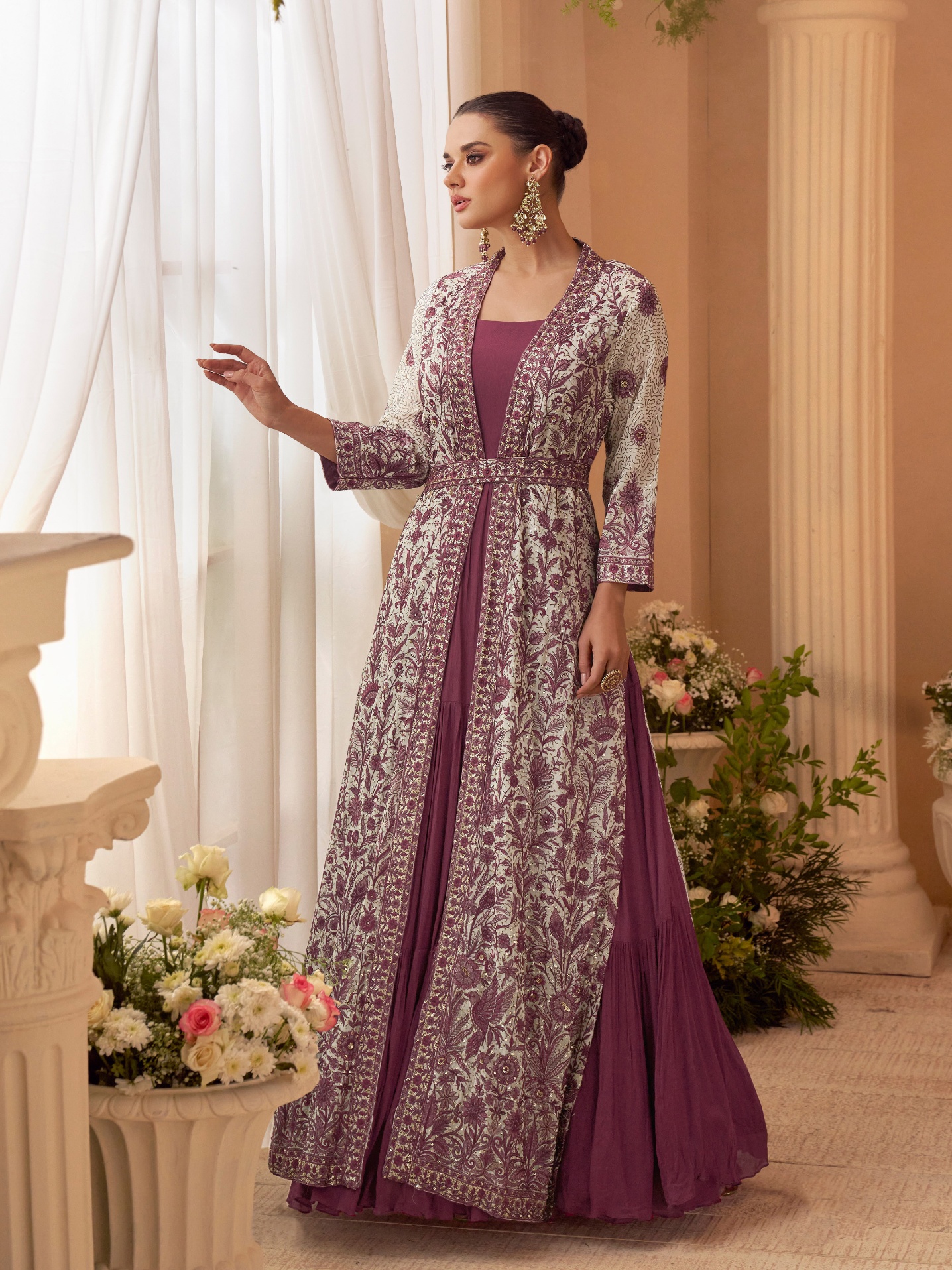 Pink Floral Heavy Designer Embroidery Chinon Jacket Gown