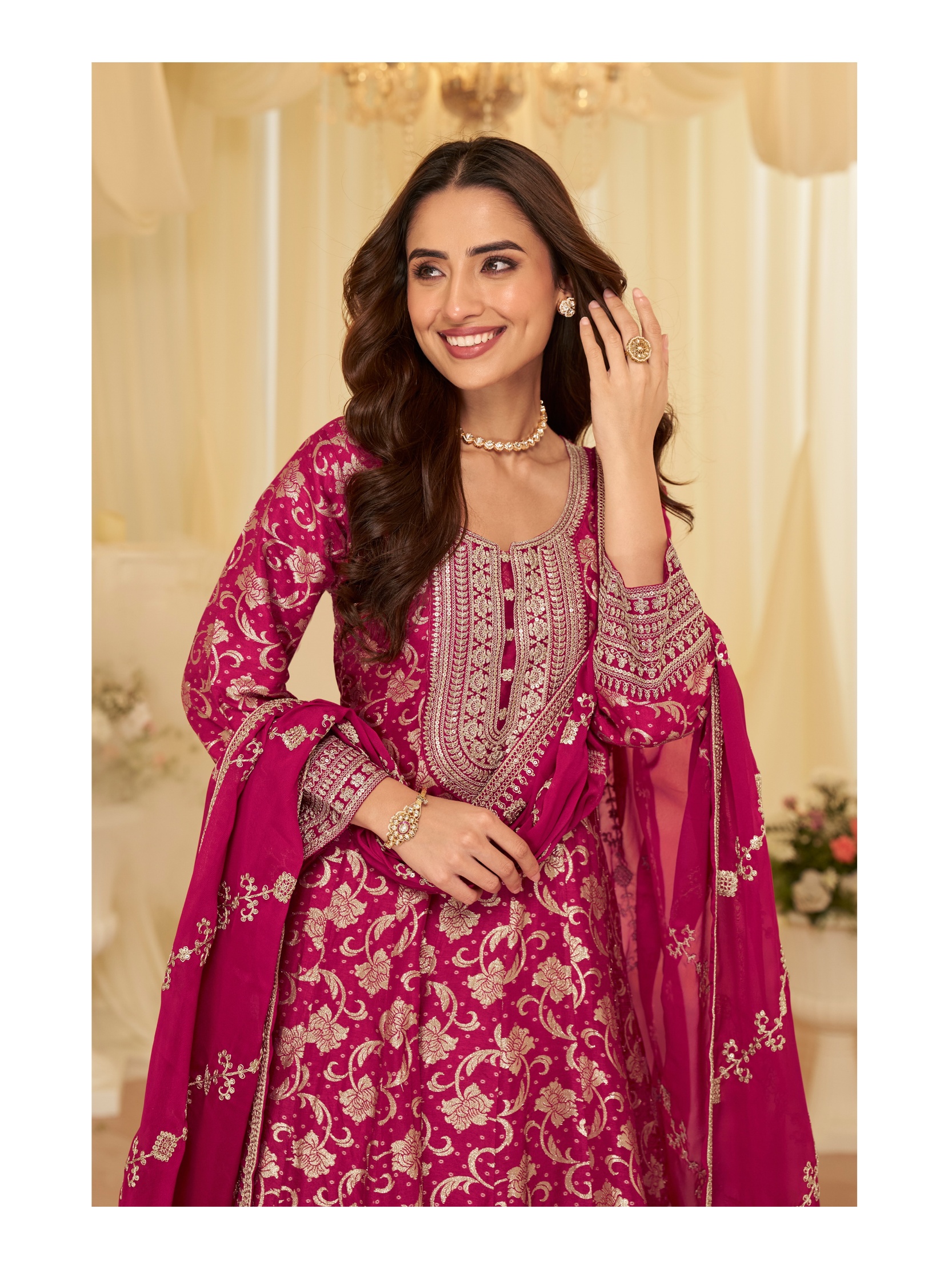 Pink Floral Heavy Designer Embroidery Viscose Jacquard Gown — alternate view