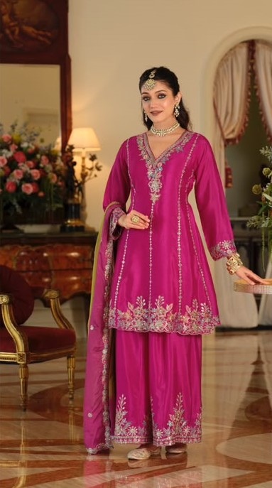 Pink Floral Heavy Embroidery Chinon Palazzo Suit