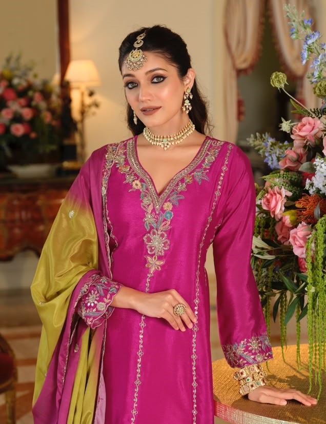 Pink Floral Heavy Embroidery Chinon Palazzo Suit — alternate view