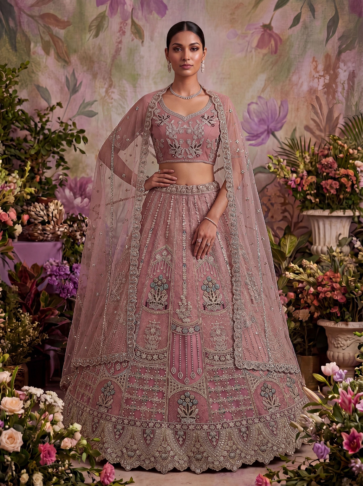 Pink Floral Jaal Sequins Embroidery Net Lehenga Choli