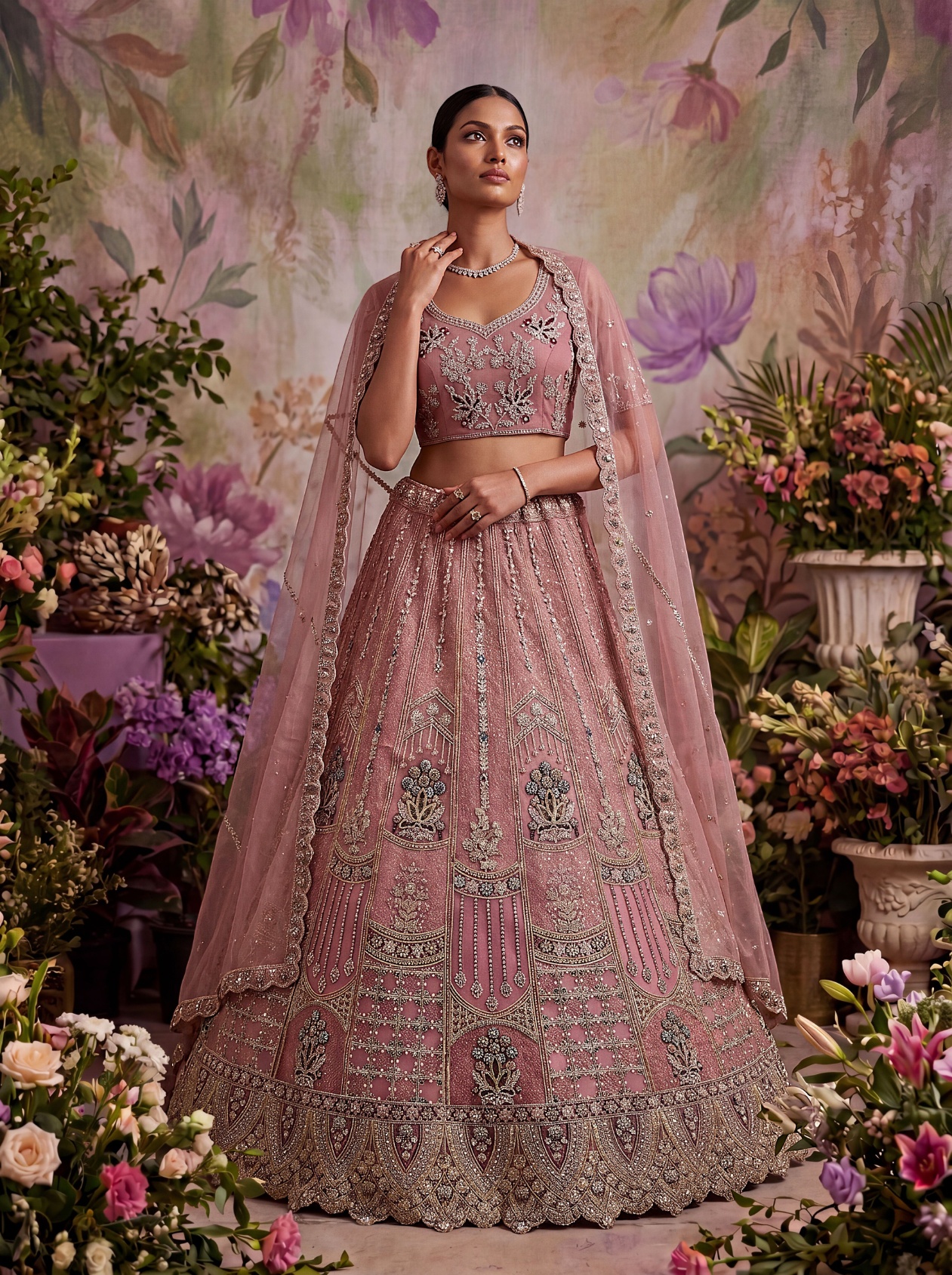Pink Floral Jaal Sequins Embroidery Net Lehenga Choli