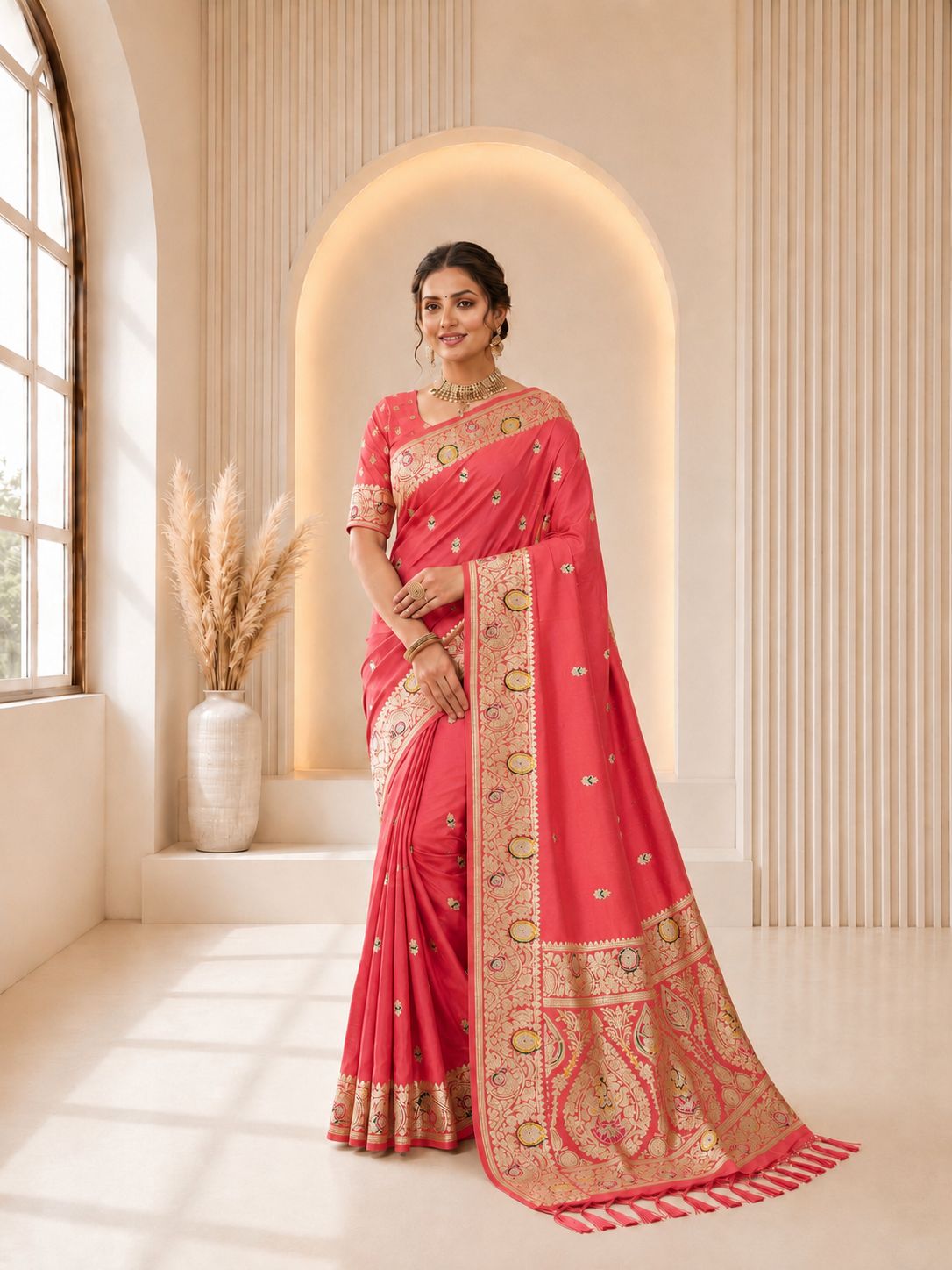 Pink Floral Jacquard Banarasi Silk Designer Saree
