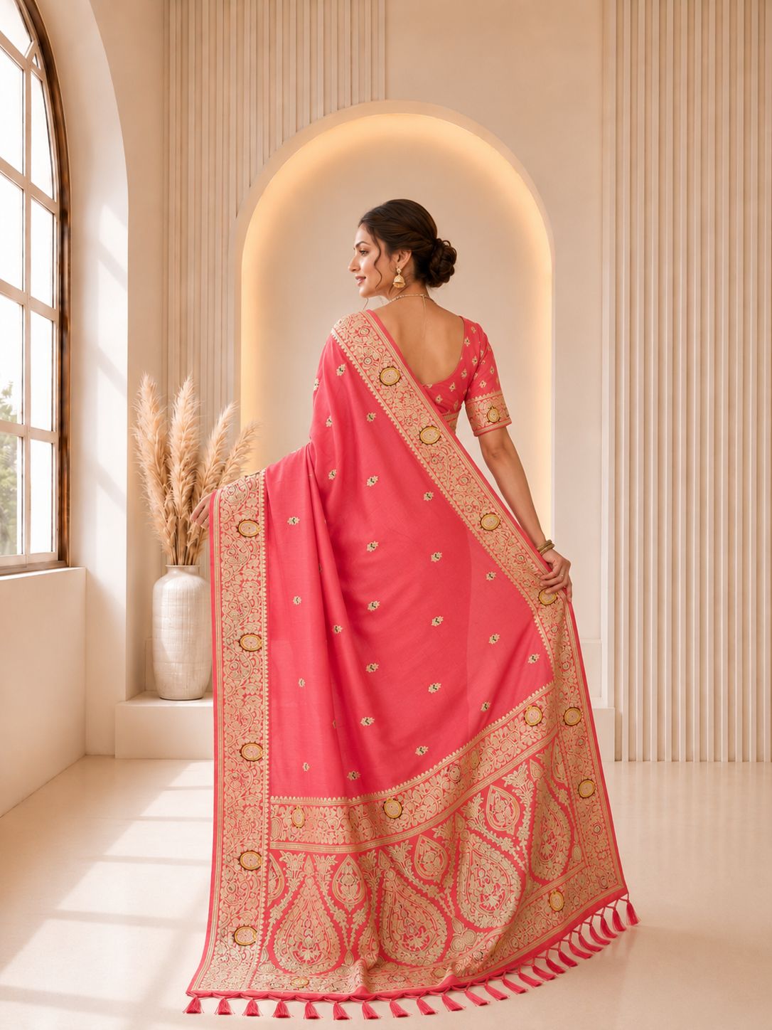 Pink Floral Jacquard Banarasi Silk Designer Saree — alternate view