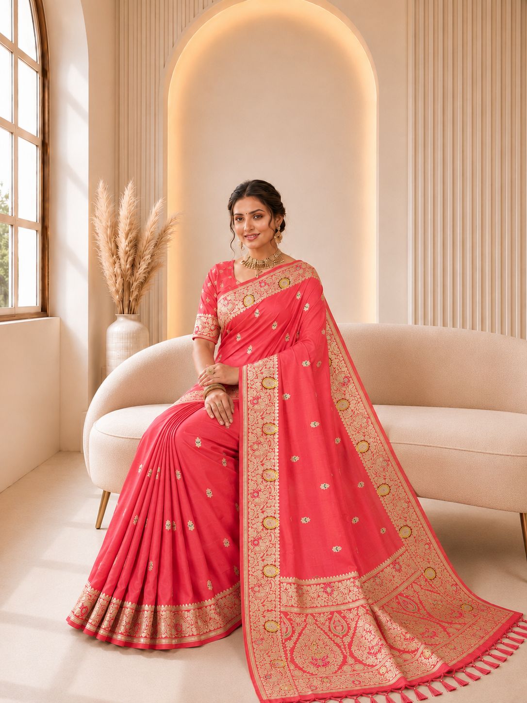 Pink Floral Jacquard Banarasi Silk Designer Saree