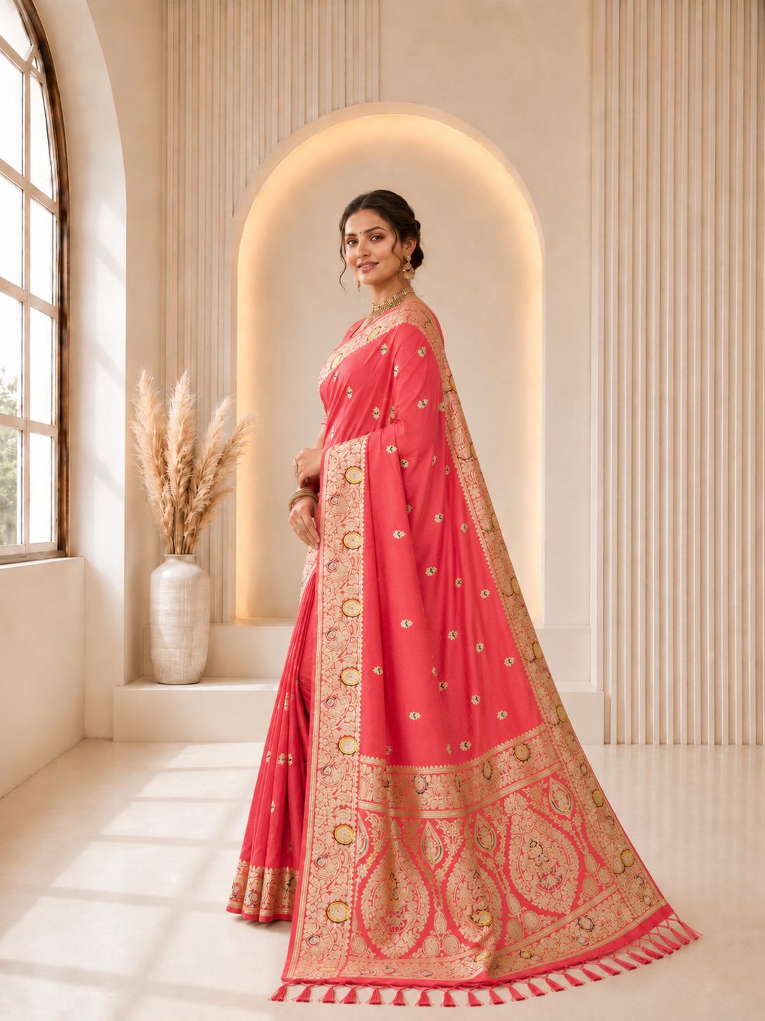 Pink Floral Jacquard Banarasi Silk Designer Saree