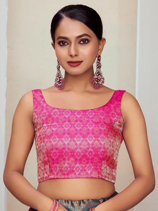 Pink Floral Jacquard Banarasi Silk Saree Blouse