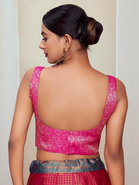 Pink Floral Jacquard Banarasi Silk Saree Blouse — alternate view