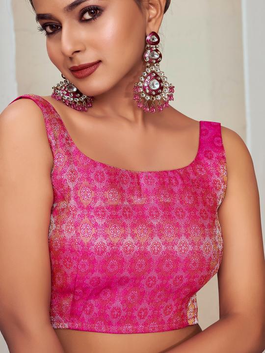 Pink Floral Jacquard Banarasi Silk Saree Blouse