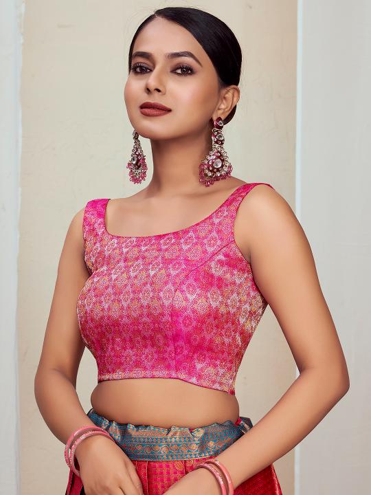 Pink Floral Jacquard Banarasi Silk Saree Blouse