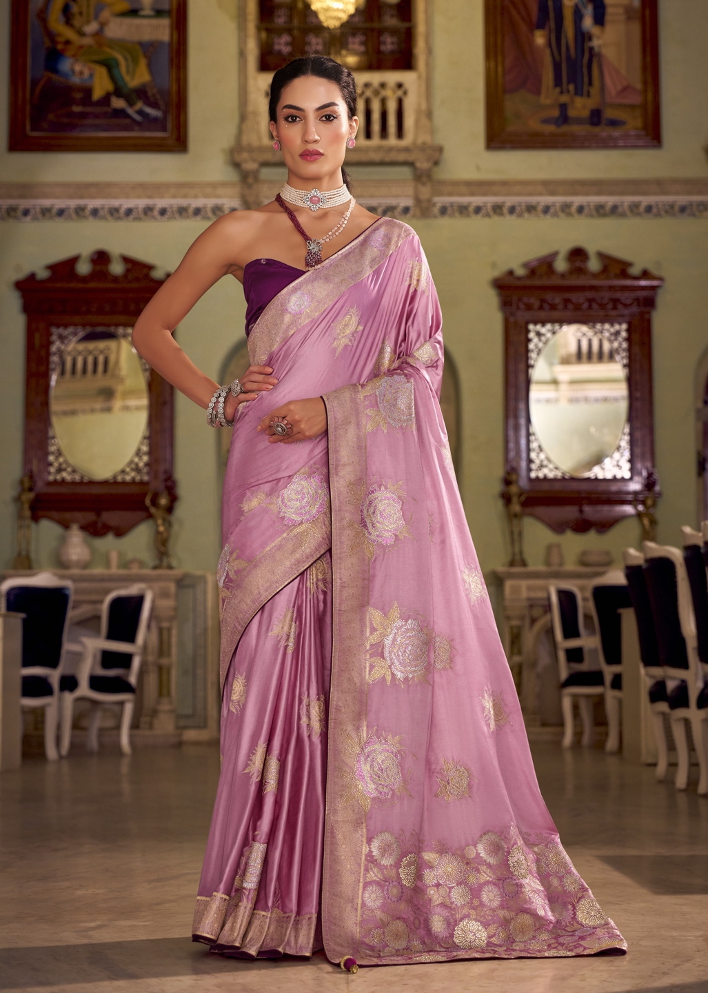 Pink Floral Jacquard Satin Silk Saree