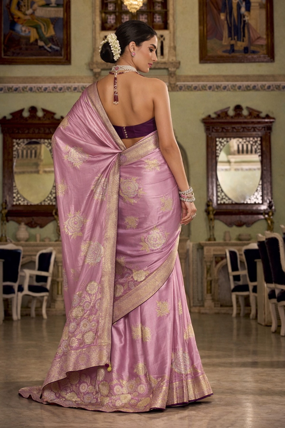 Pink Floral Jacquard Satin Silk Saree — alternate view