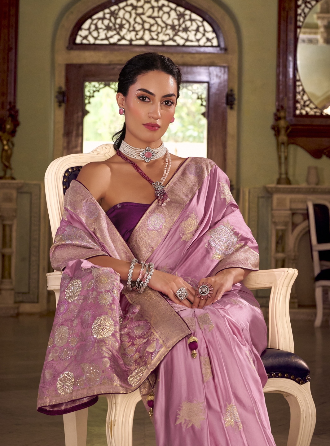 Pink Floral Jacquard Satin Silk Saree