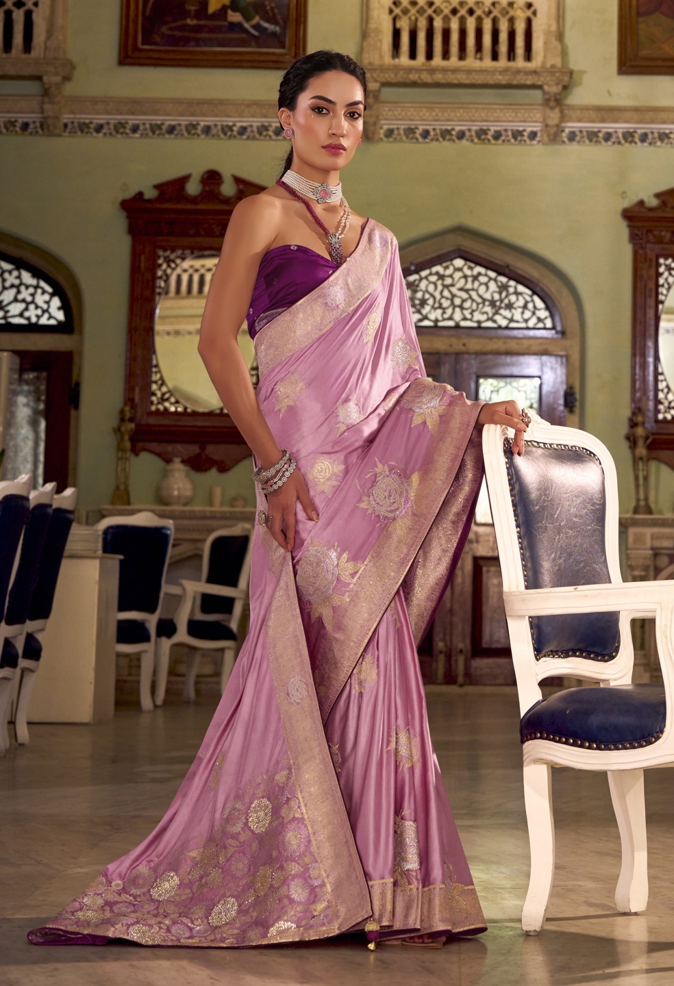 Pink Floral Jacquard Satin Silk Saree