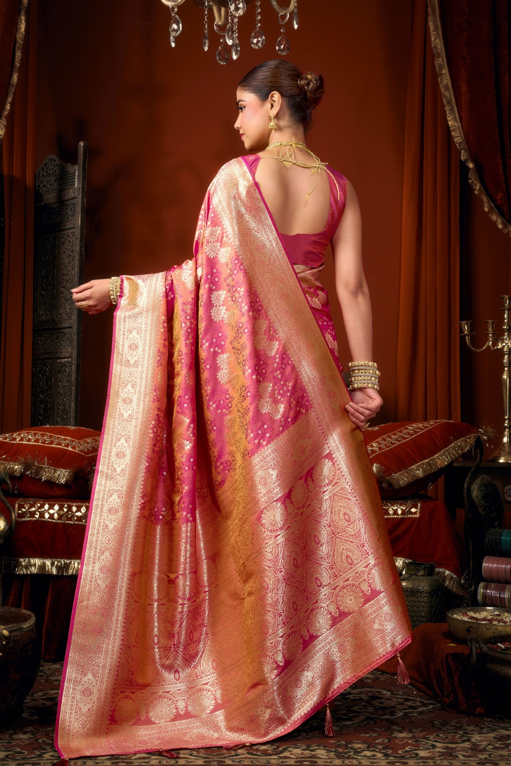 Pink Floral Jacquard Soft Silk Saree — alternate view