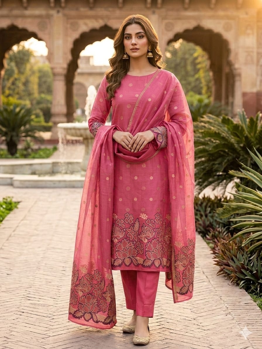 Pink Floral Jamdani Jacquard Silk Straight Pant Suit