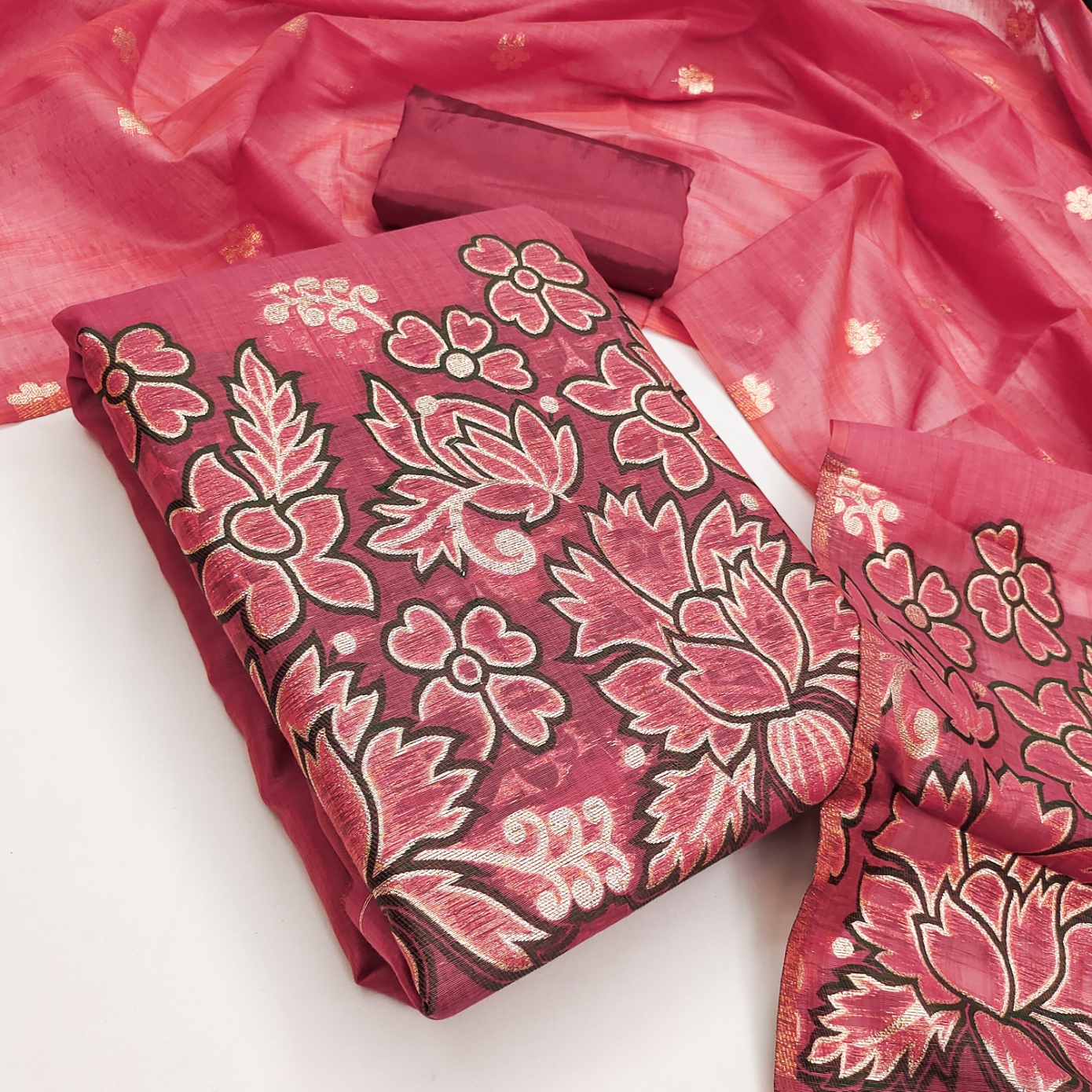 Pink Floral Jamdani Jacquard Silk Straight Pant Suit — alternate view
