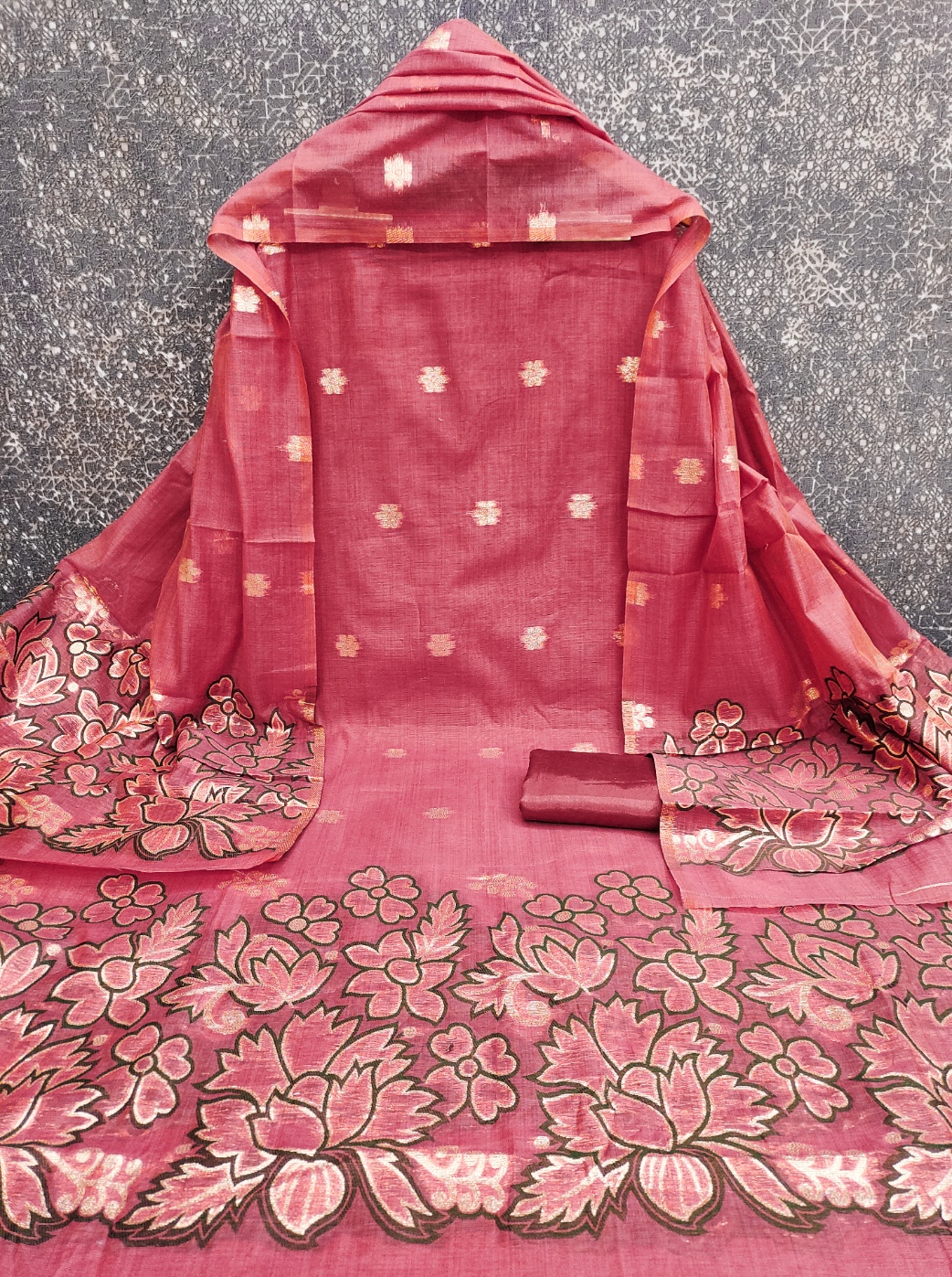 Pink Floral Jamdani Jacquard Silk Straight Pant Suit
