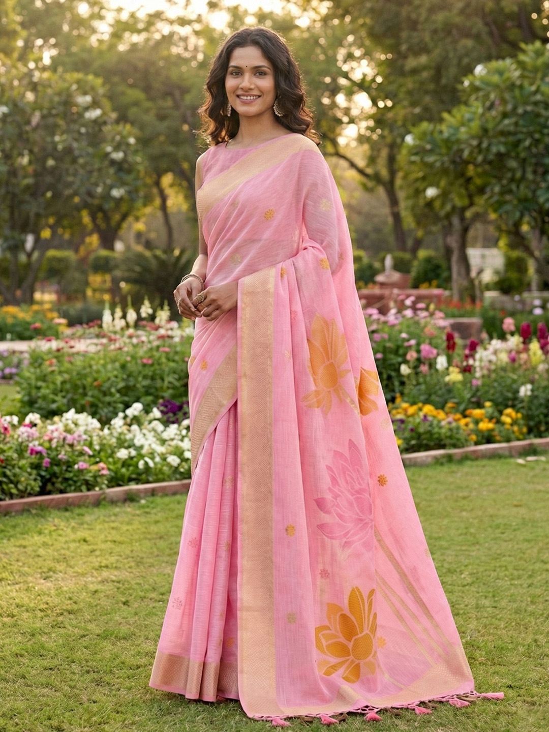 Pink Floral Linen Cotton Saree