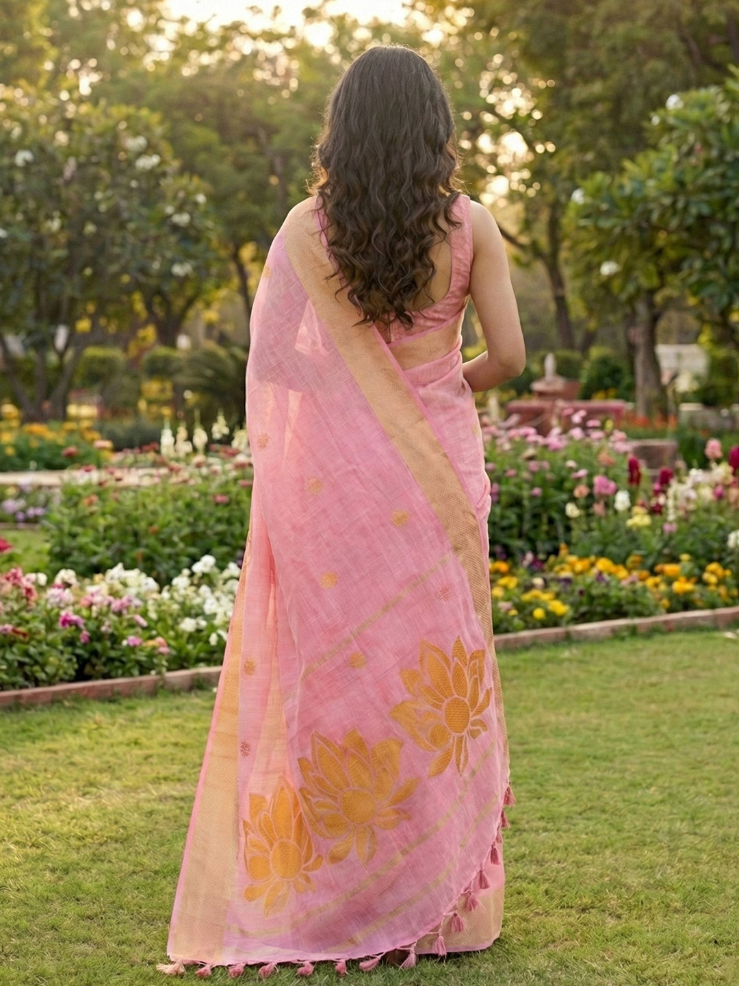 Pink Floral Linen Cotton Saree — alternate view