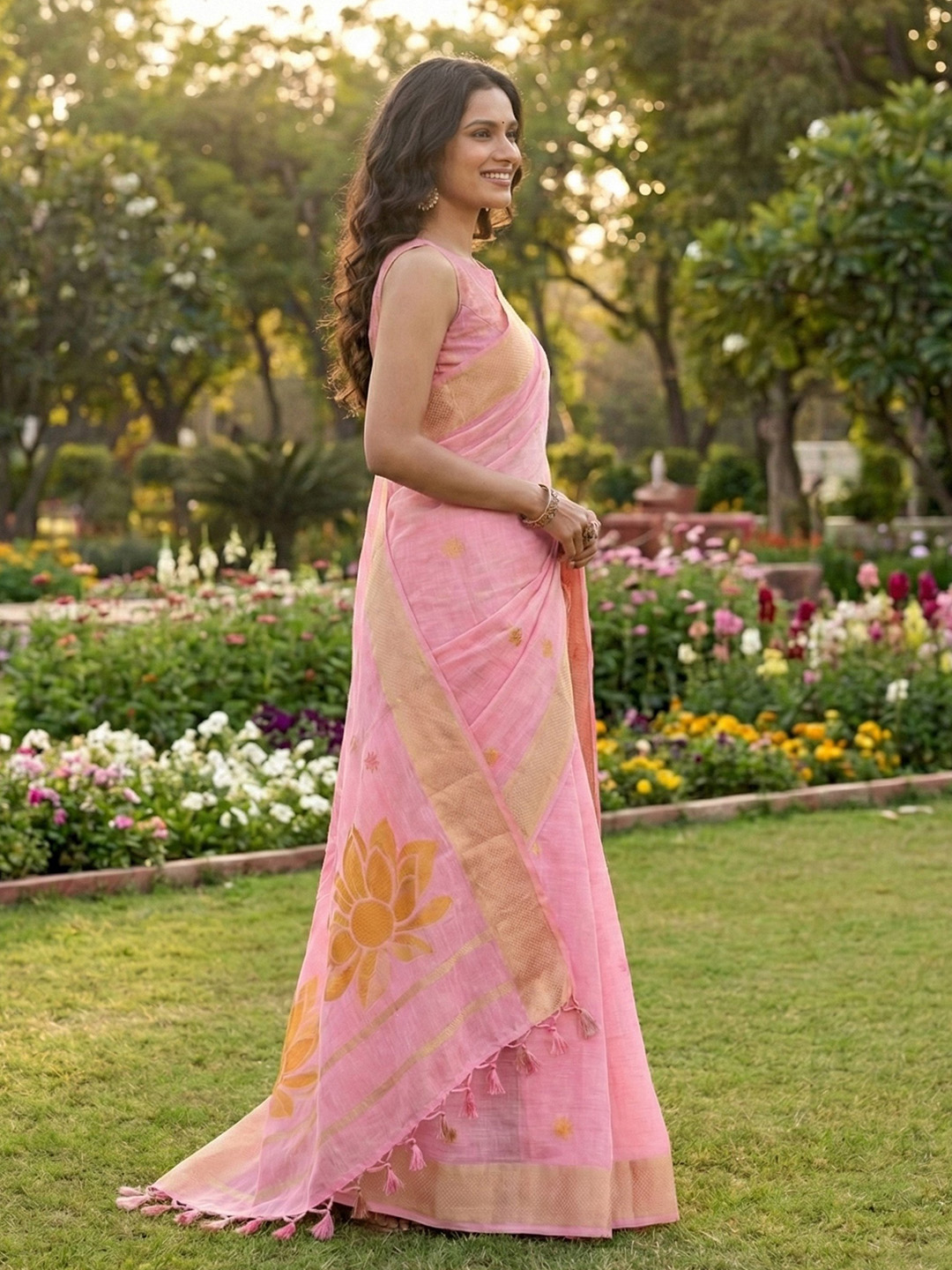 Pink Floral Linen Cotton Saree