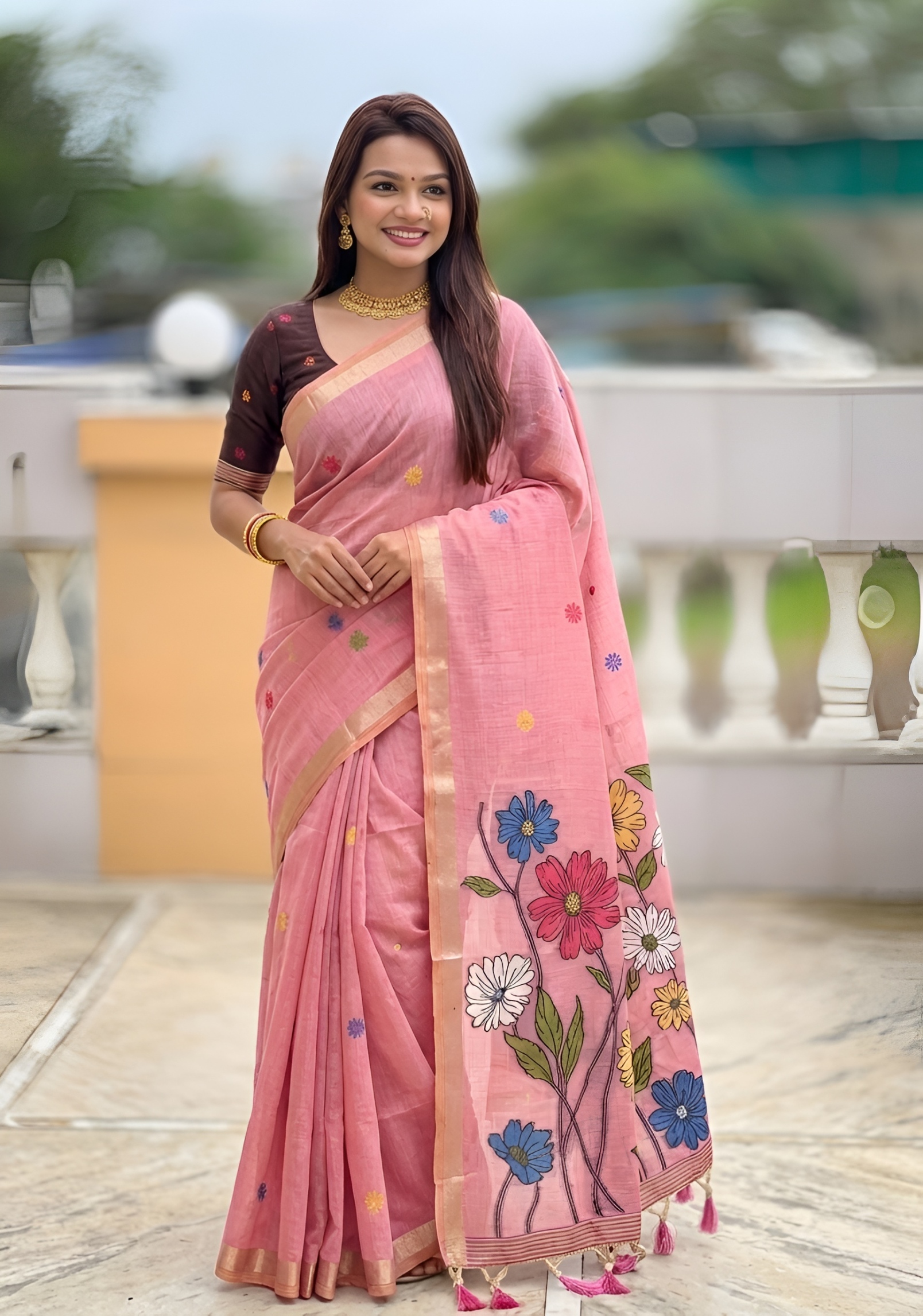Pink Floral Meenakari Woven Cotton Silk Saree