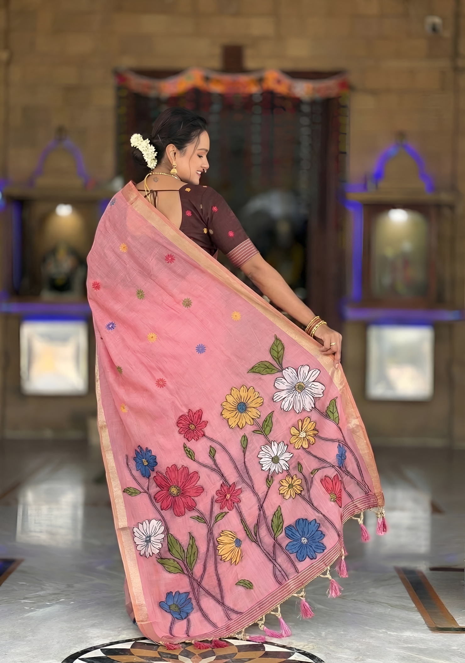 Pink Floral Meenakari Woven Cotton Silk Saree — alternate view