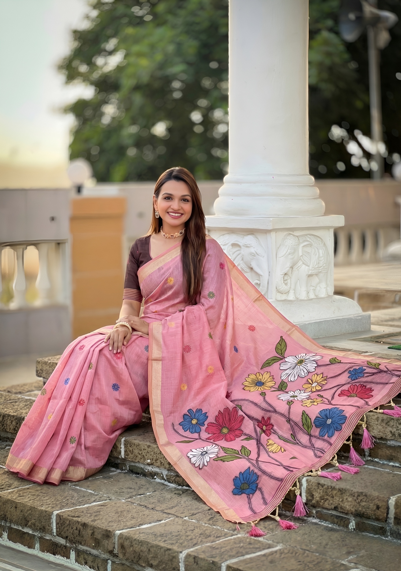 Pink Floral Meenakari Woven Cotton Silk Saree