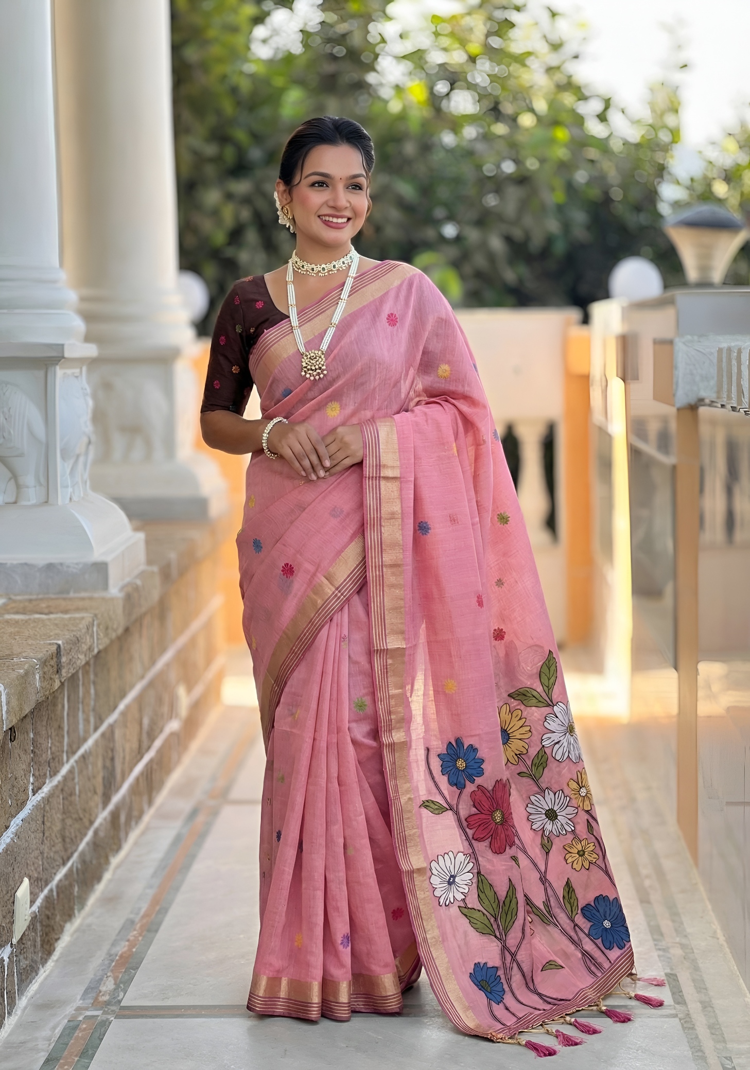 Pink Floral Meenakari Woven Cotton Silk Saree