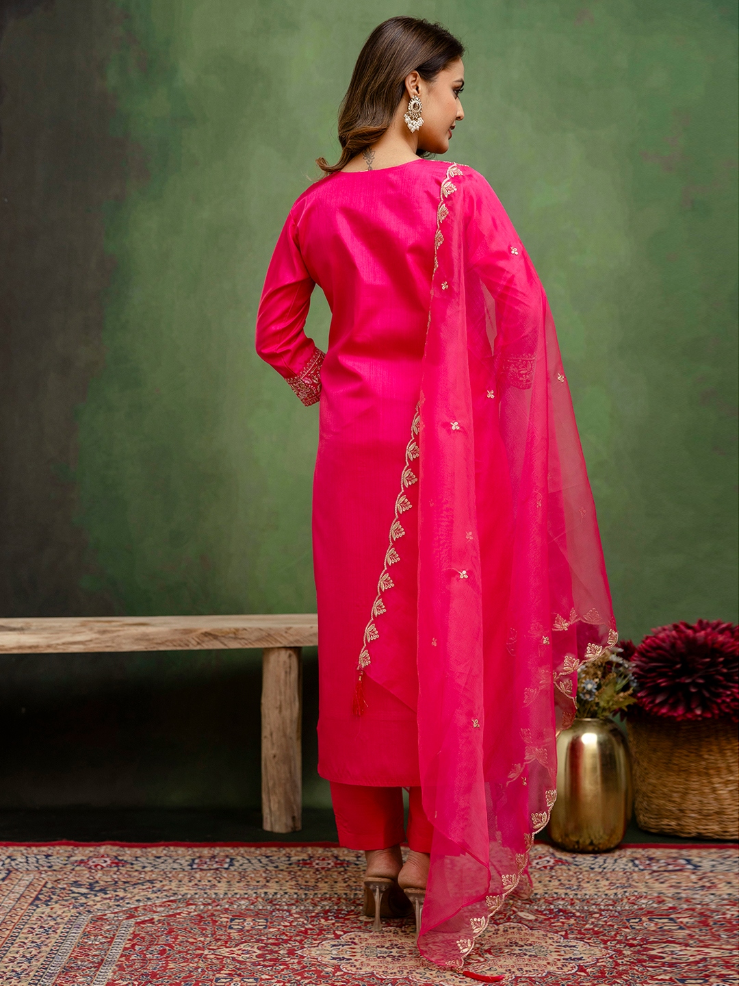 Pink Floral Motif Silk Festive Salwar Suit — alternate view