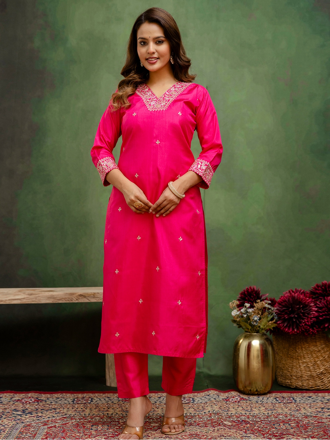 Pink Floral Motif Silk Festive Salwar Suit