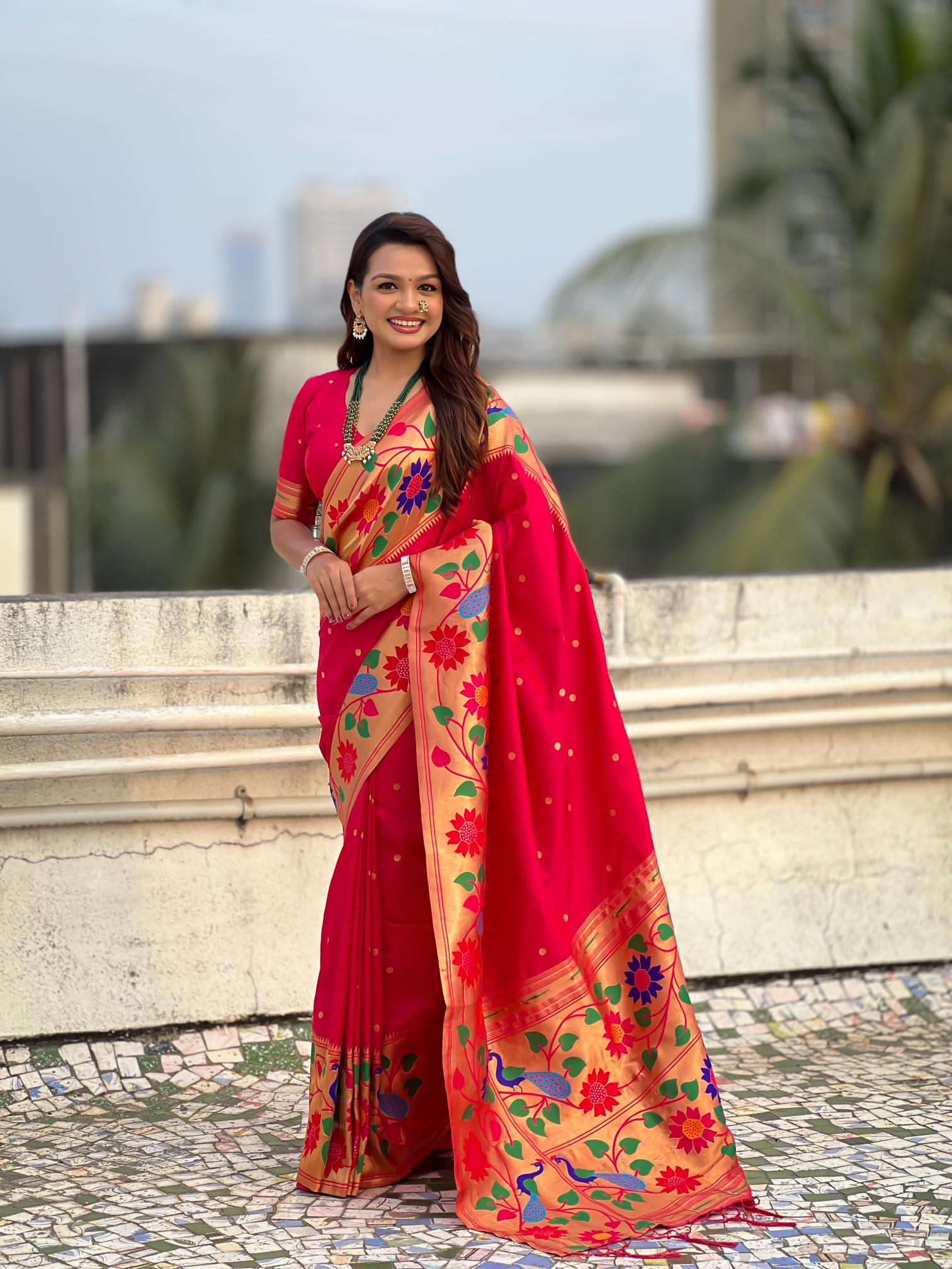 Pink Floral N Peacock Motif Paithani Silk Saree