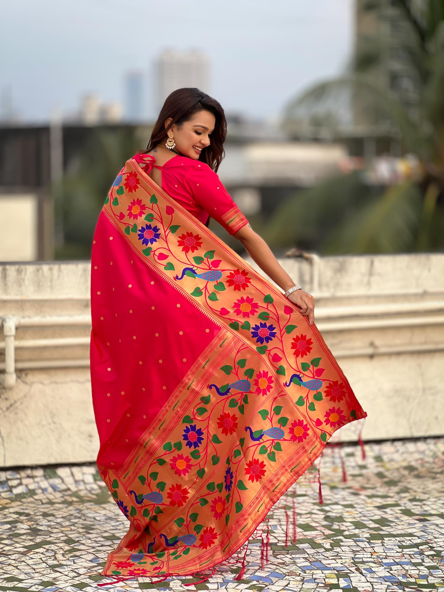 Pink Floral N Peacock Motif Paithani Silk Saree — alternate view