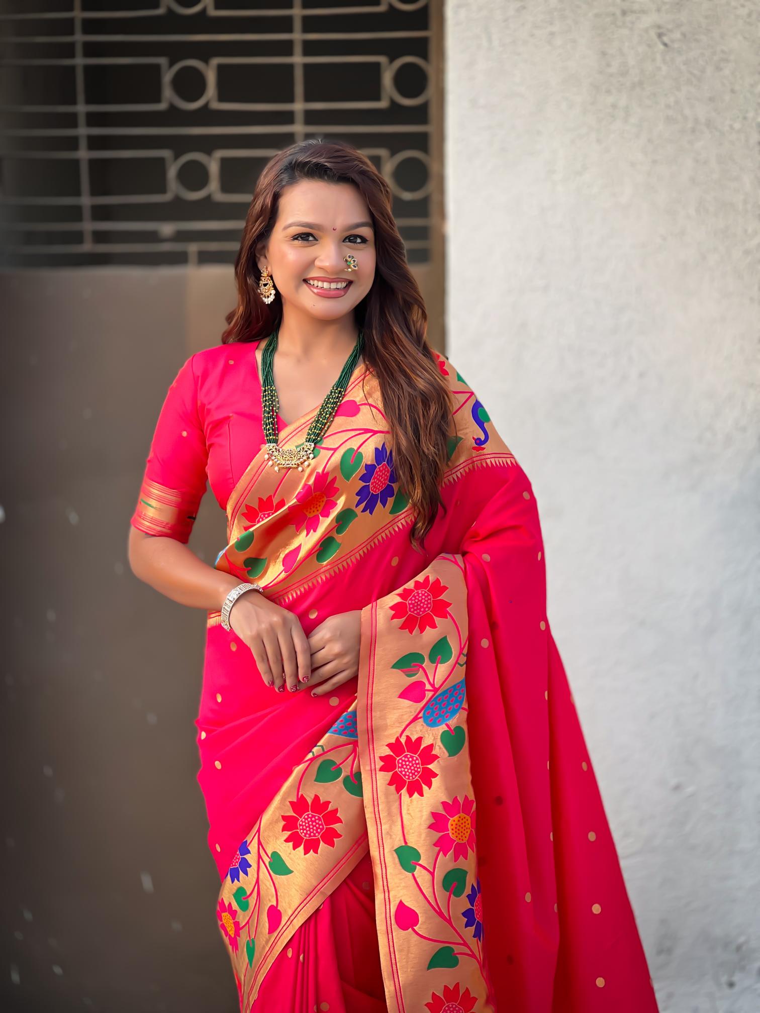 Pink Floral N Peacock Motif Paithani Silk Saree