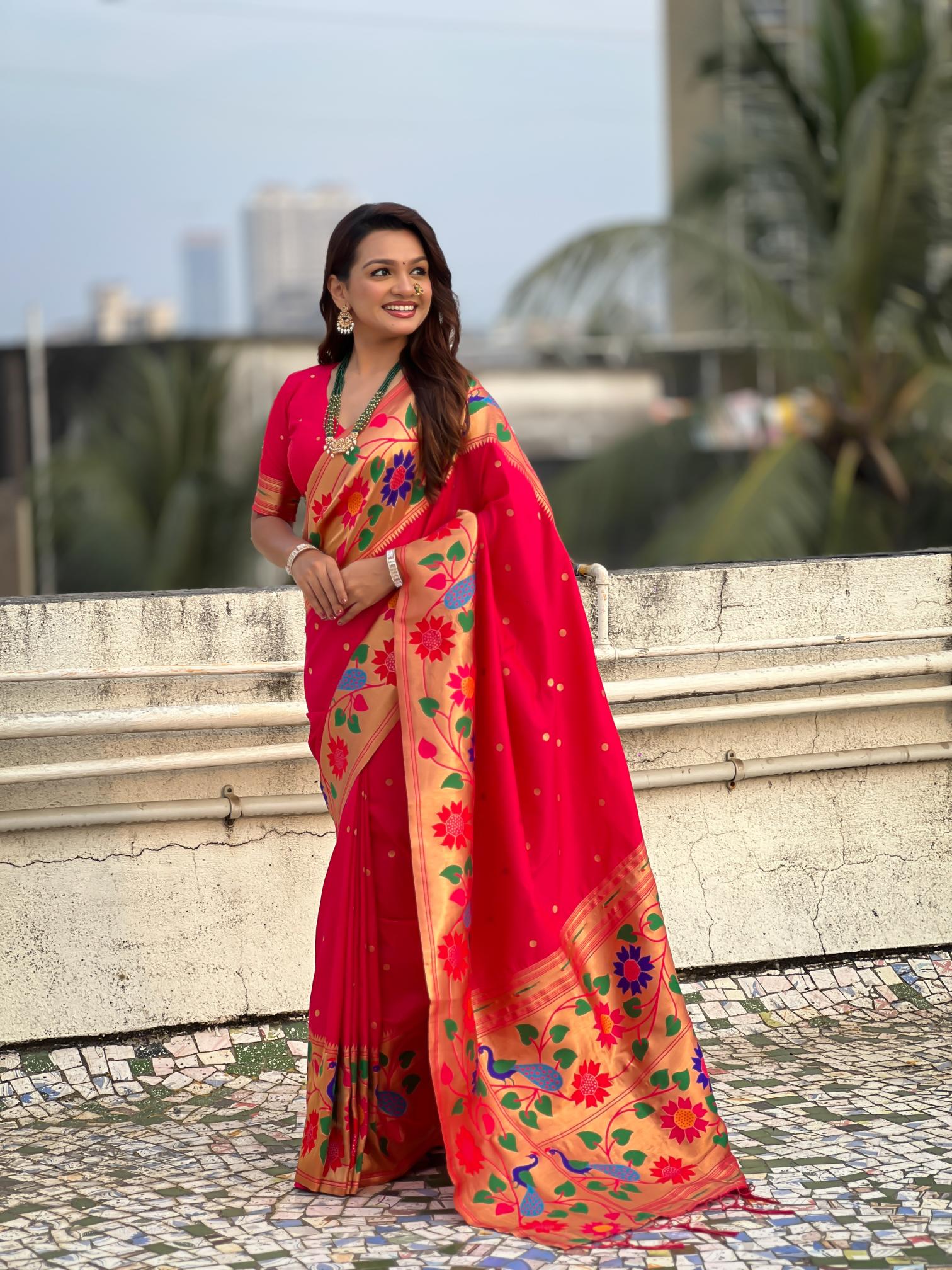 Pink Floral N Peacock Motif Paithani Silk Saree