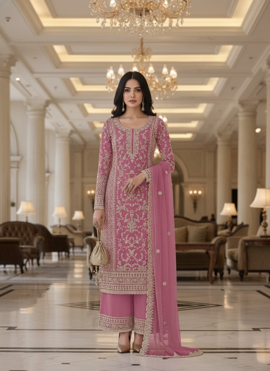 Pink Floral Net Palazzo Suit