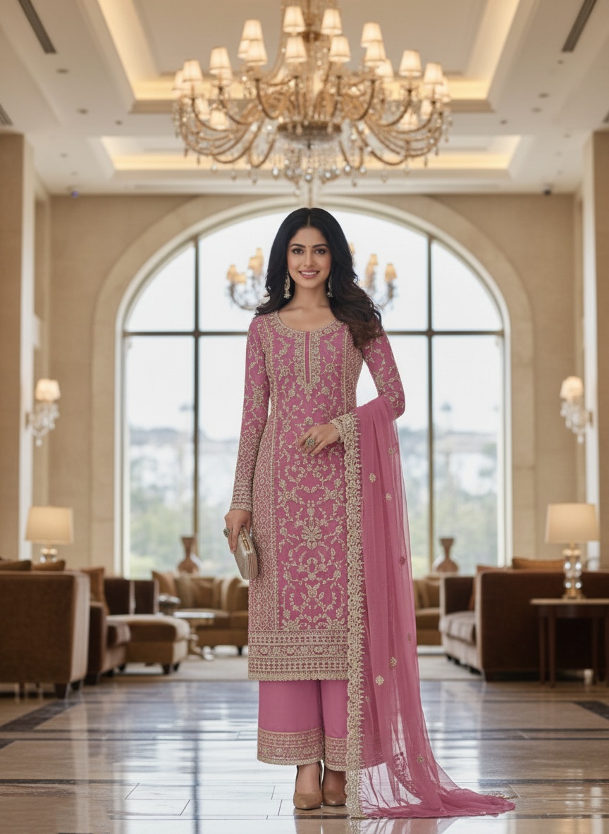 Pink Floral Net Palazzo Suit — alternate view