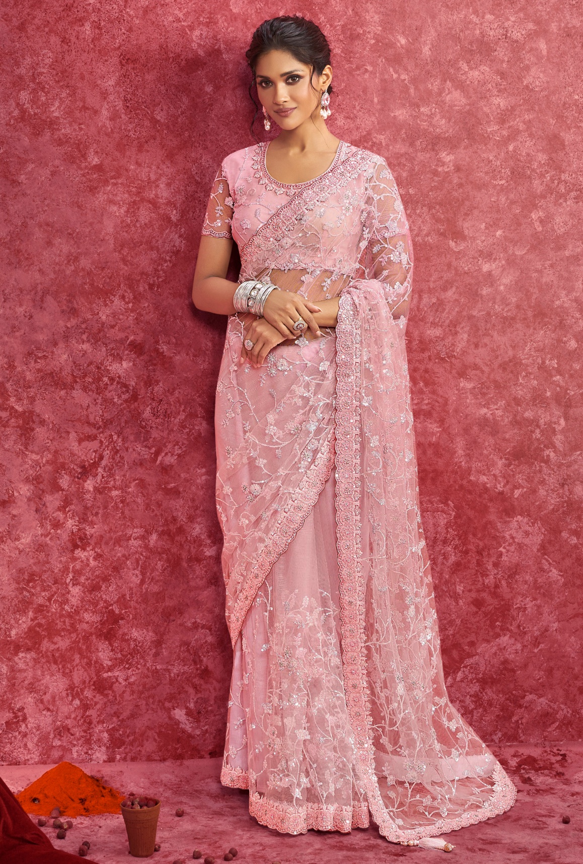 Pink Floral Net Saree