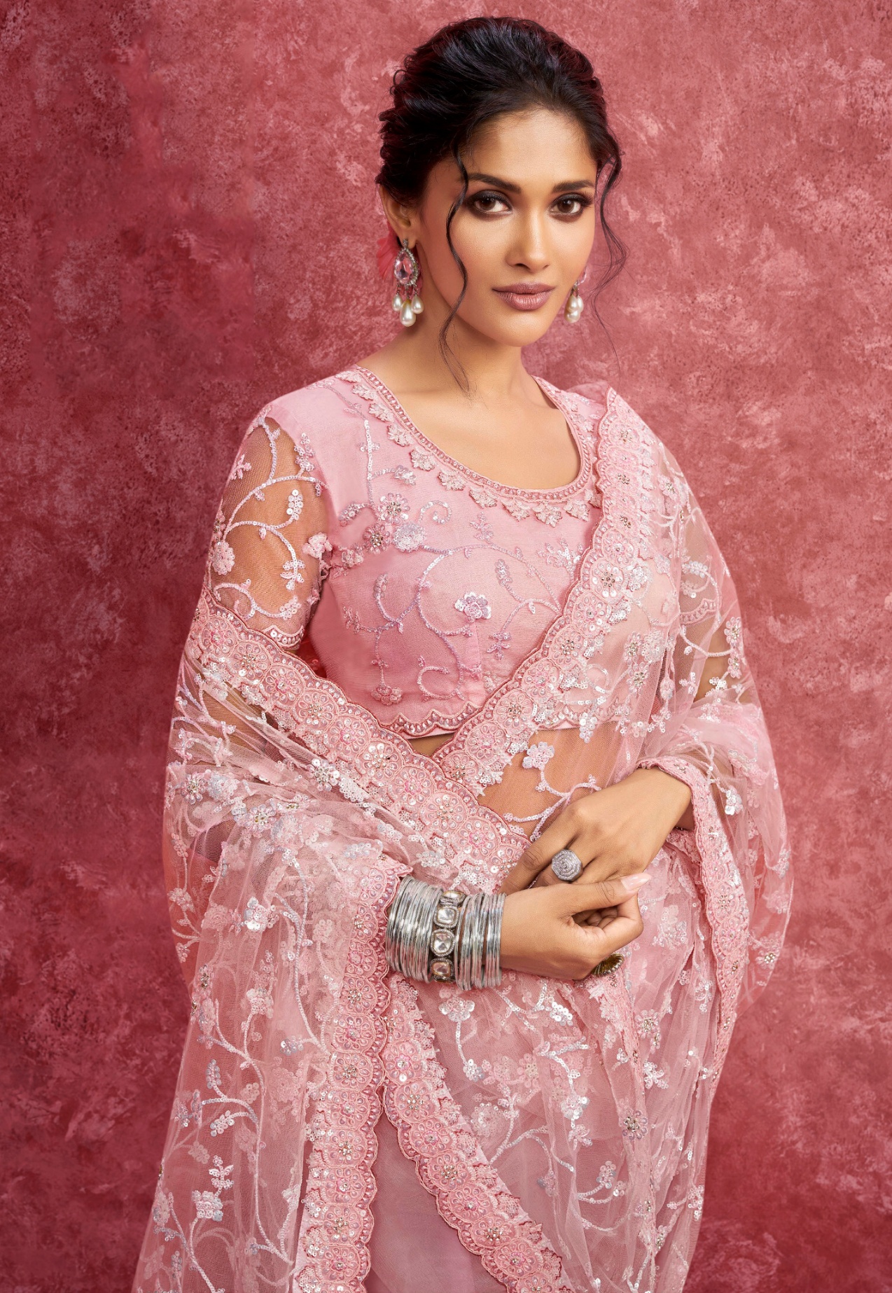 Pink Floral Net Saree