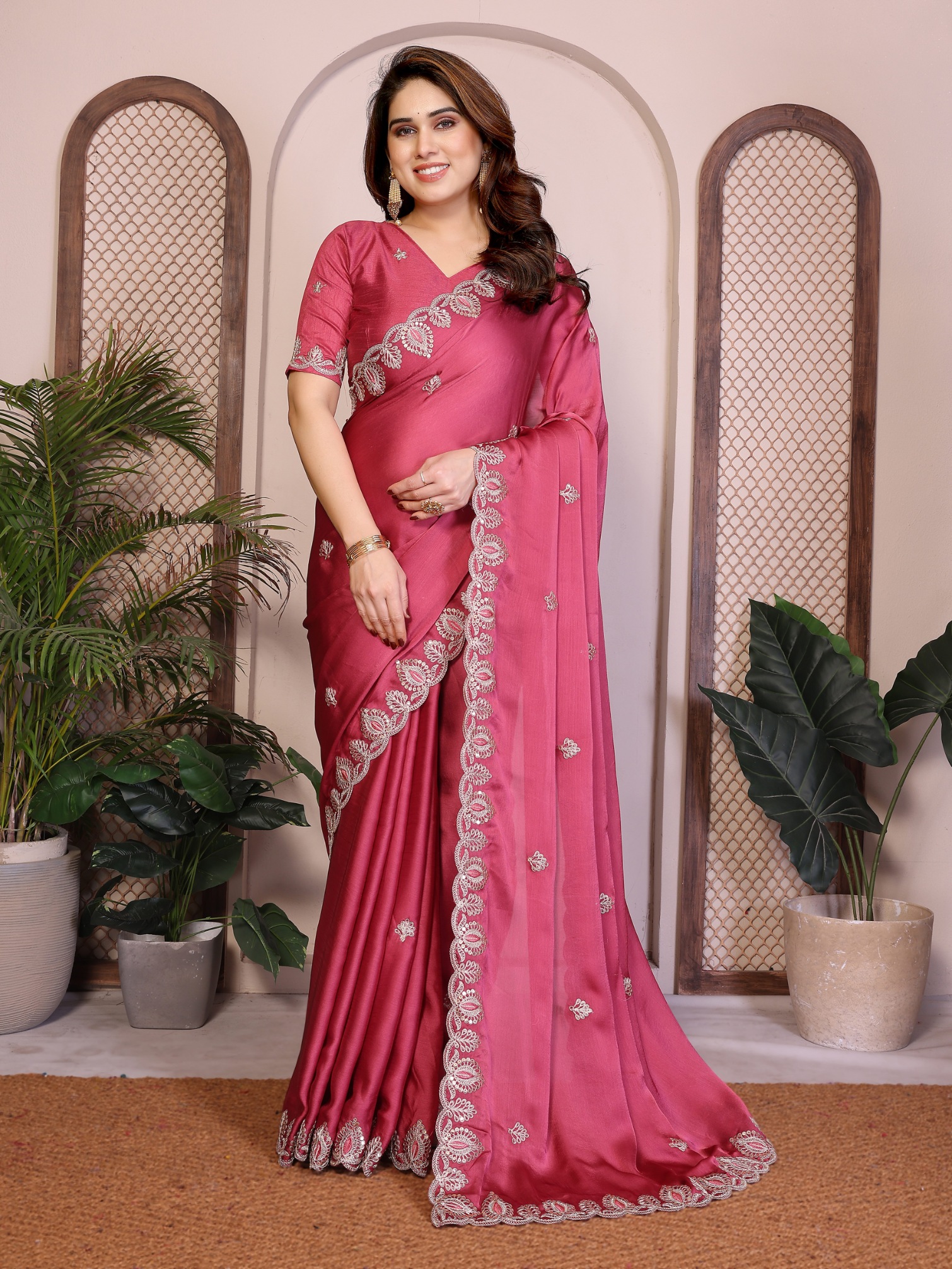 Pink Floral Pallu Satin Chiffon Designer Saree