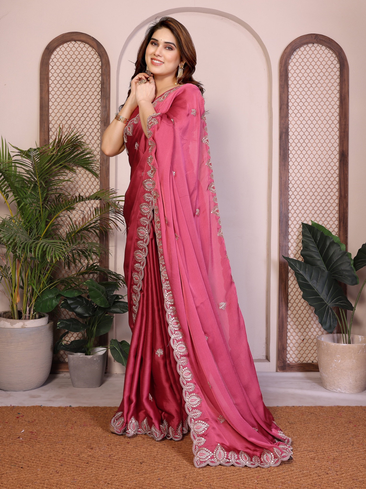 Pink Floral Pallu Satin Chiffon Designer Saree