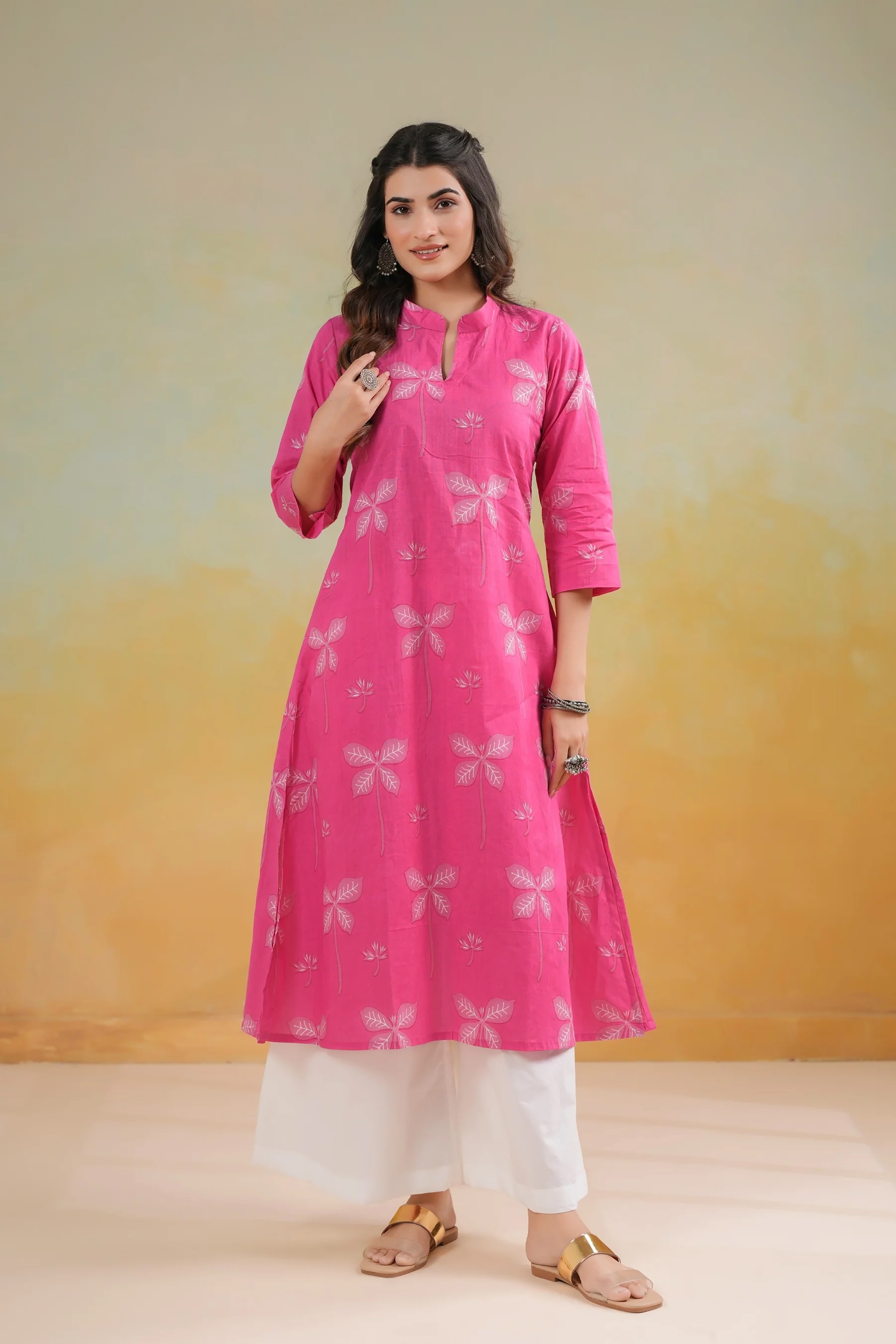 Pink Floral Printed Cambric Cotton A Line Kurti