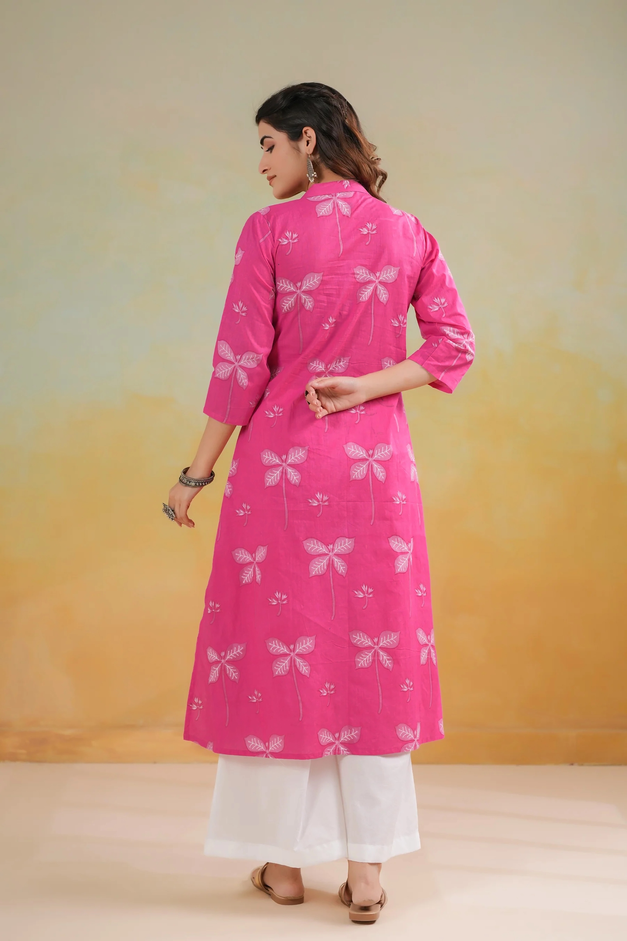 Pink Floral Printed Cambric Cotton A Line Kurti — alternate view