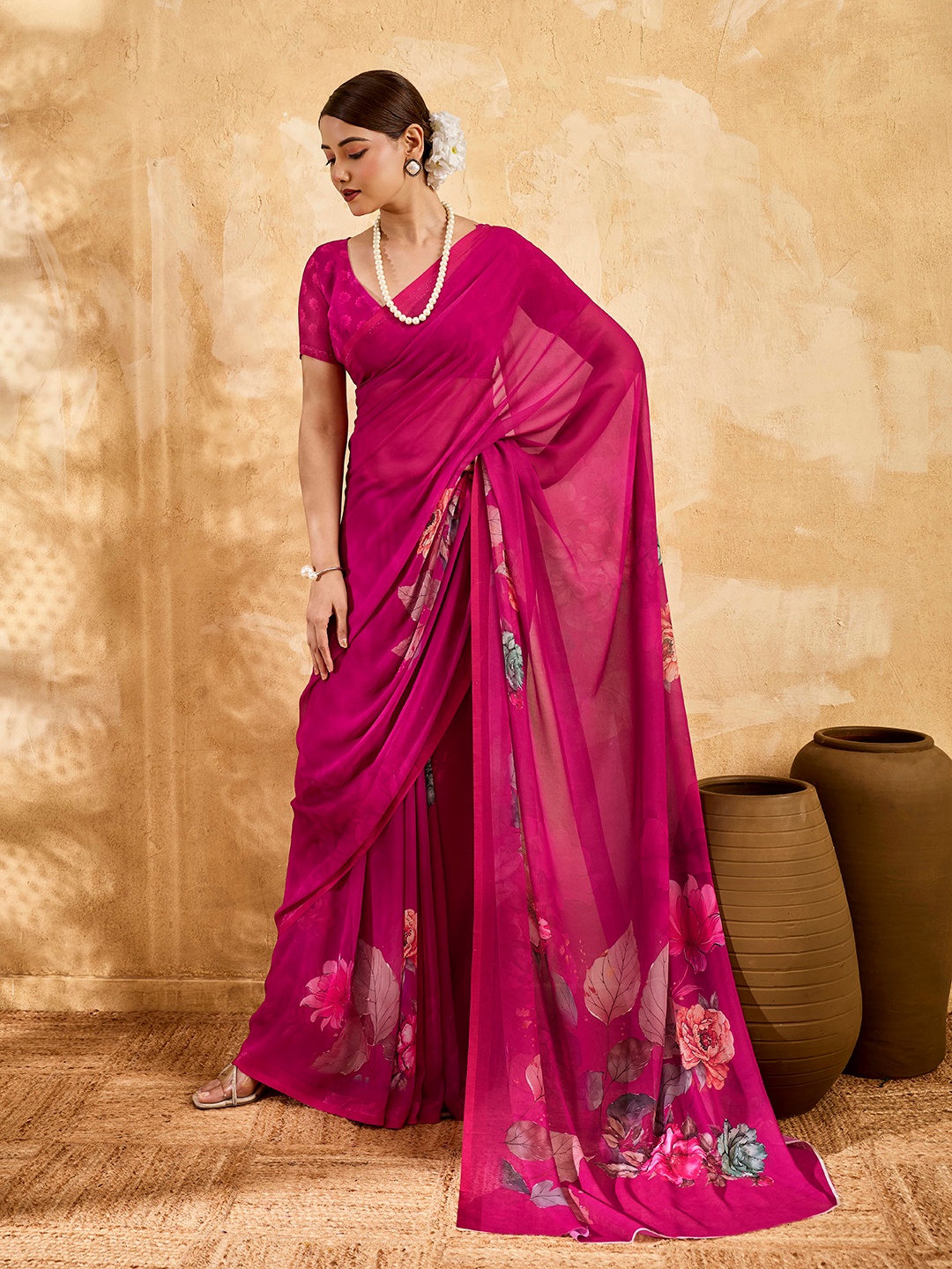 Pink Floral Printed Chiffon Saree