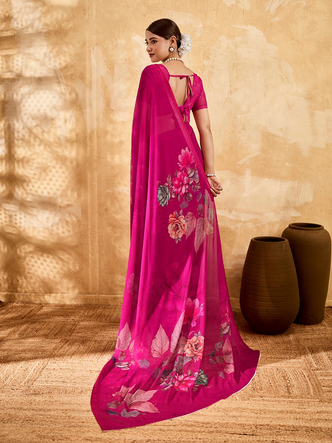 Pink Floral Printed Chiffon Saree — alternate view