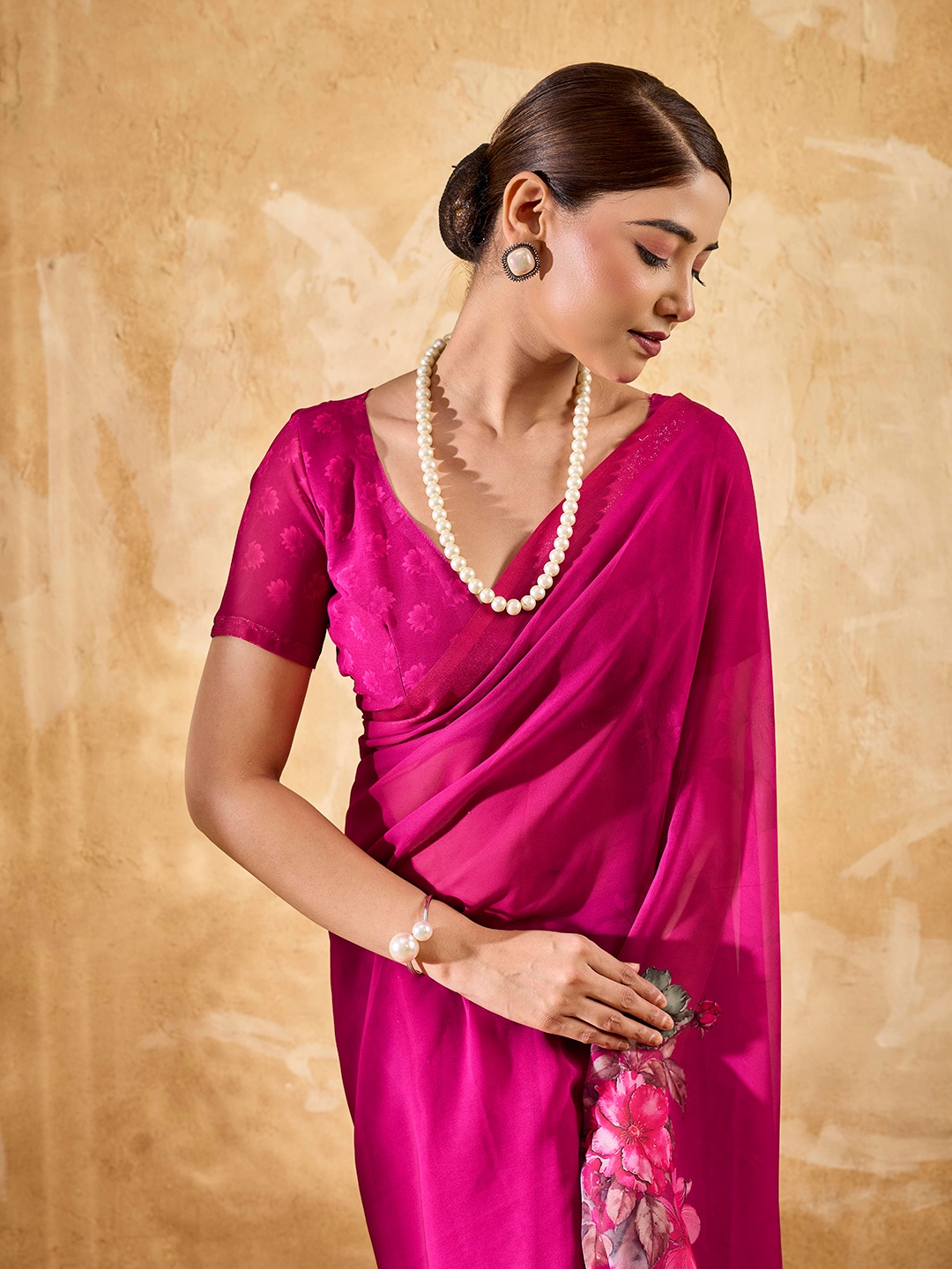Pink Floral Printed Chiffon Saree