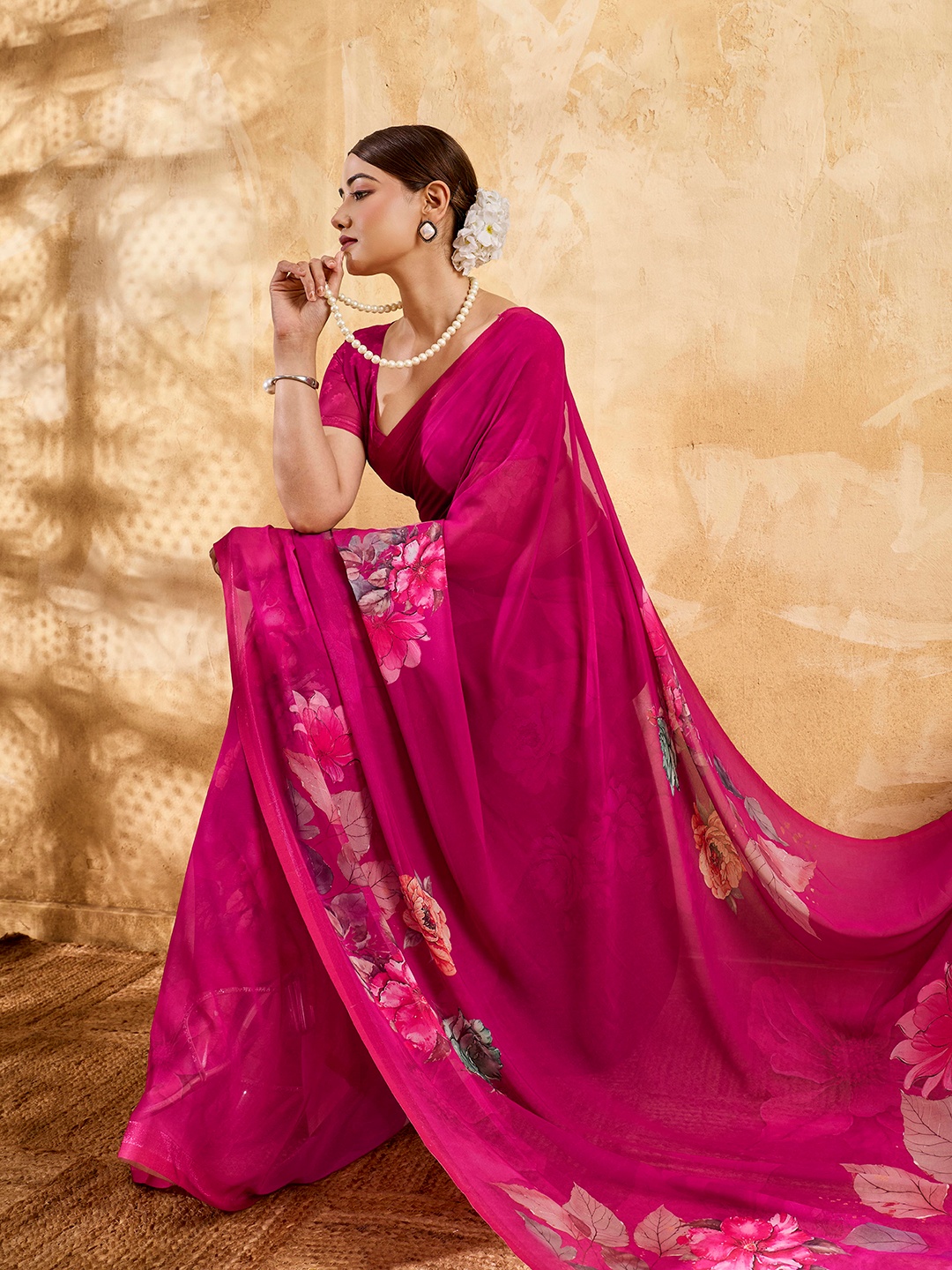 Pink Floral Printed Chiffon Saree